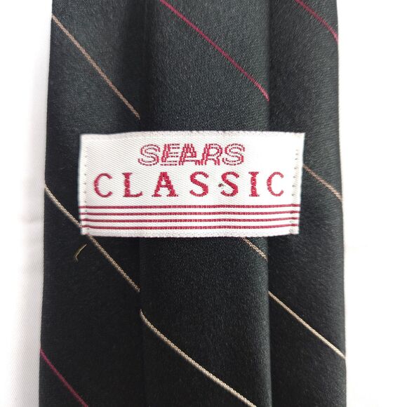 VTG Sears Classic Black Striped Polyester Silk Short Tie 55.75" x 3.25" USA - Picture 4 of 7